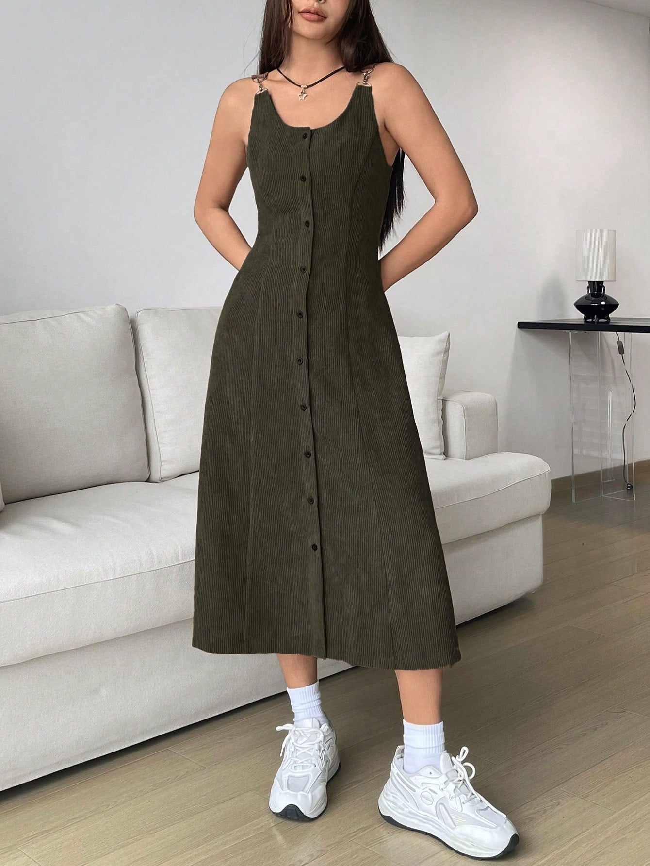 SHEIN EZwear Button Front Solid Corduroy Dress without sweater