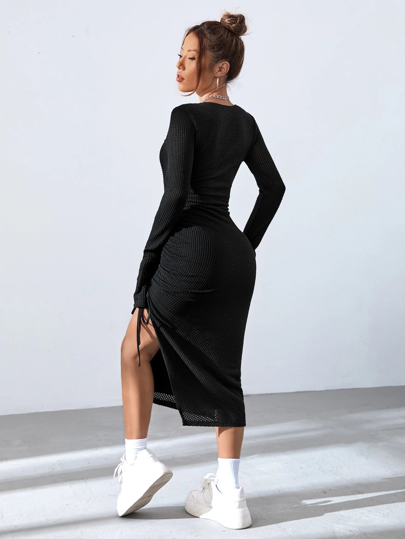 SHEIN EZwear Square Neck Drawstring Split Thigh Dress