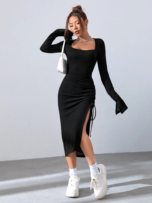 SHEIN EZwear Square Neck Drawstring Split Thigh Dress