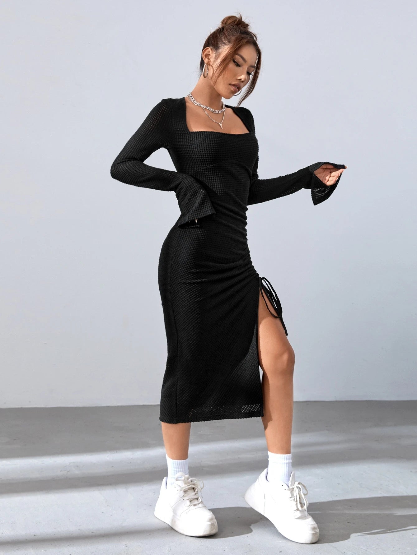 SHEIN EZwear Square Neck Drawstring Split Thigh Dress