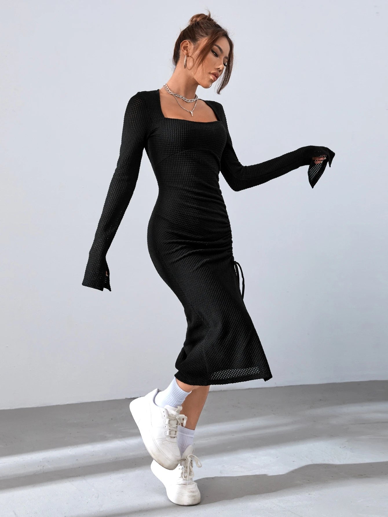 SHEIN EZwear Square Neck Drawstring Split Thigh Dress