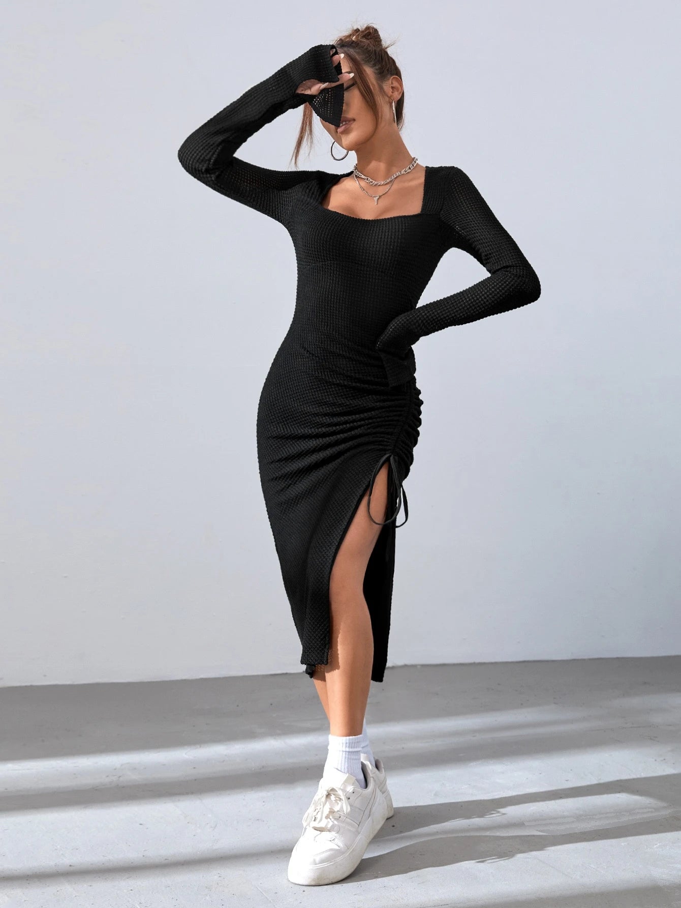 SHEIN EZwear Square Neck Drawstring Split Thigh Dress
