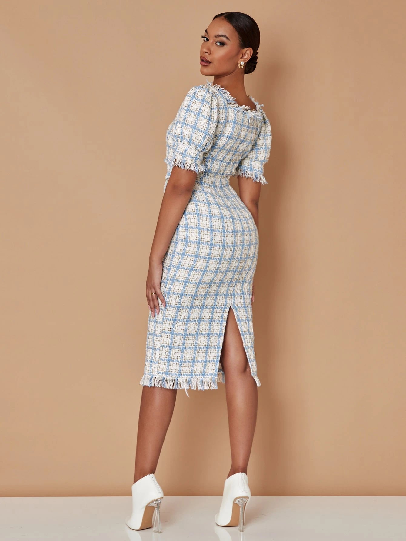 SHEIN Essnce Plaid Square Neck Tweed Dress