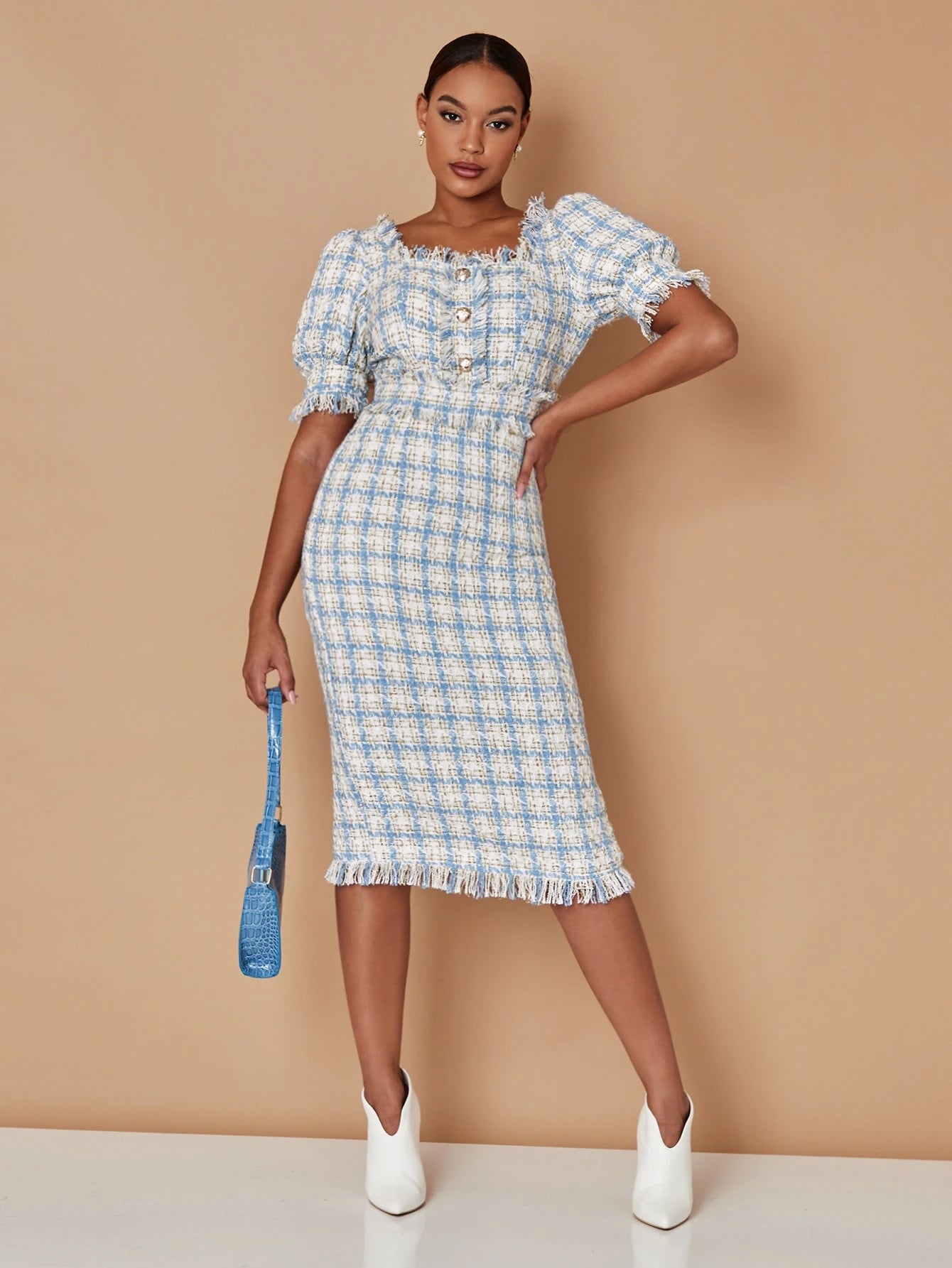 SHEIN Essnce Plaid Square Neck Tweed Dress