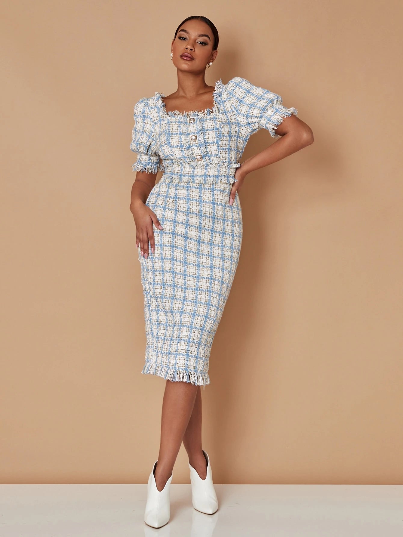 SHEIN Essnce Plaid Square Neck Tweed Dress
