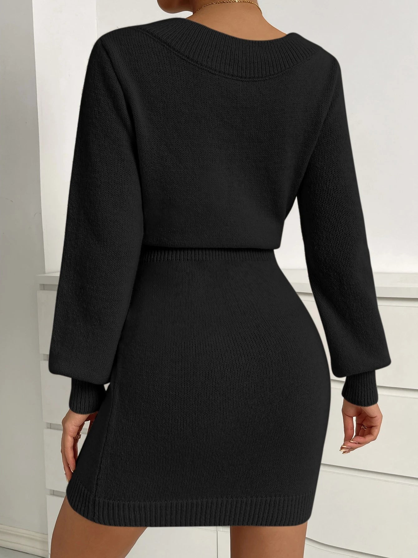 SHEIN Essnce Solid Lantern Sleeve Sweater Dress