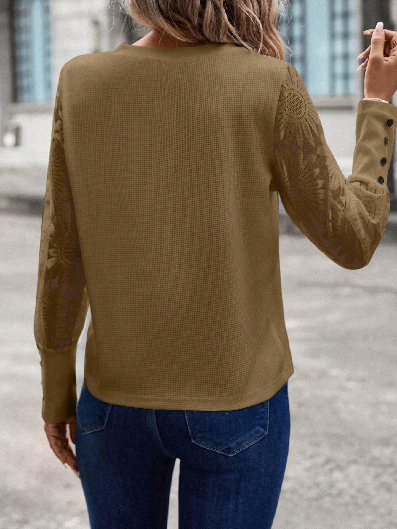 SHEIN LUNE Khaki Lace Floral Sleeve Top