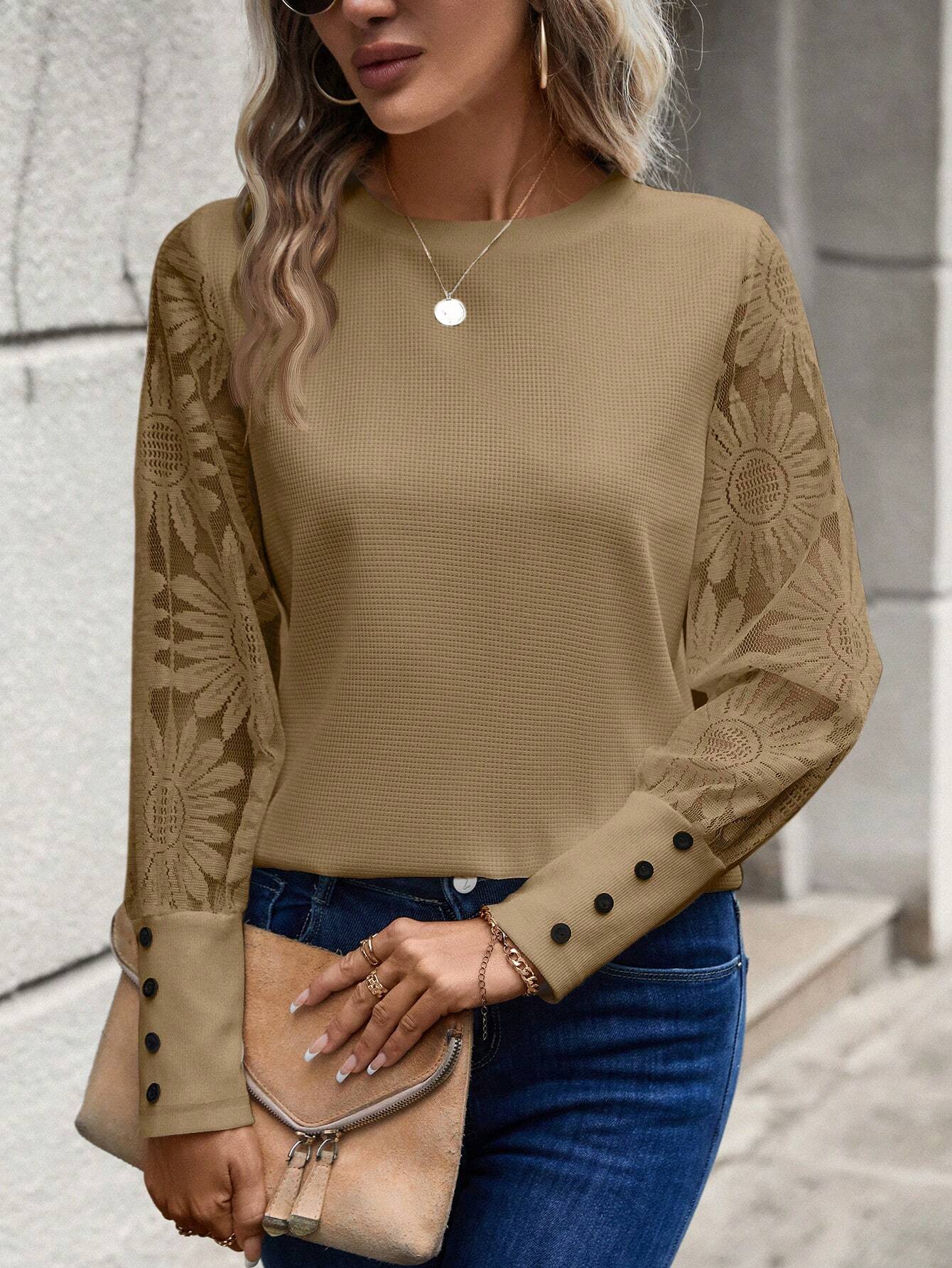 SHEIN LUNE Khaki Lace Floral Sleeve Top