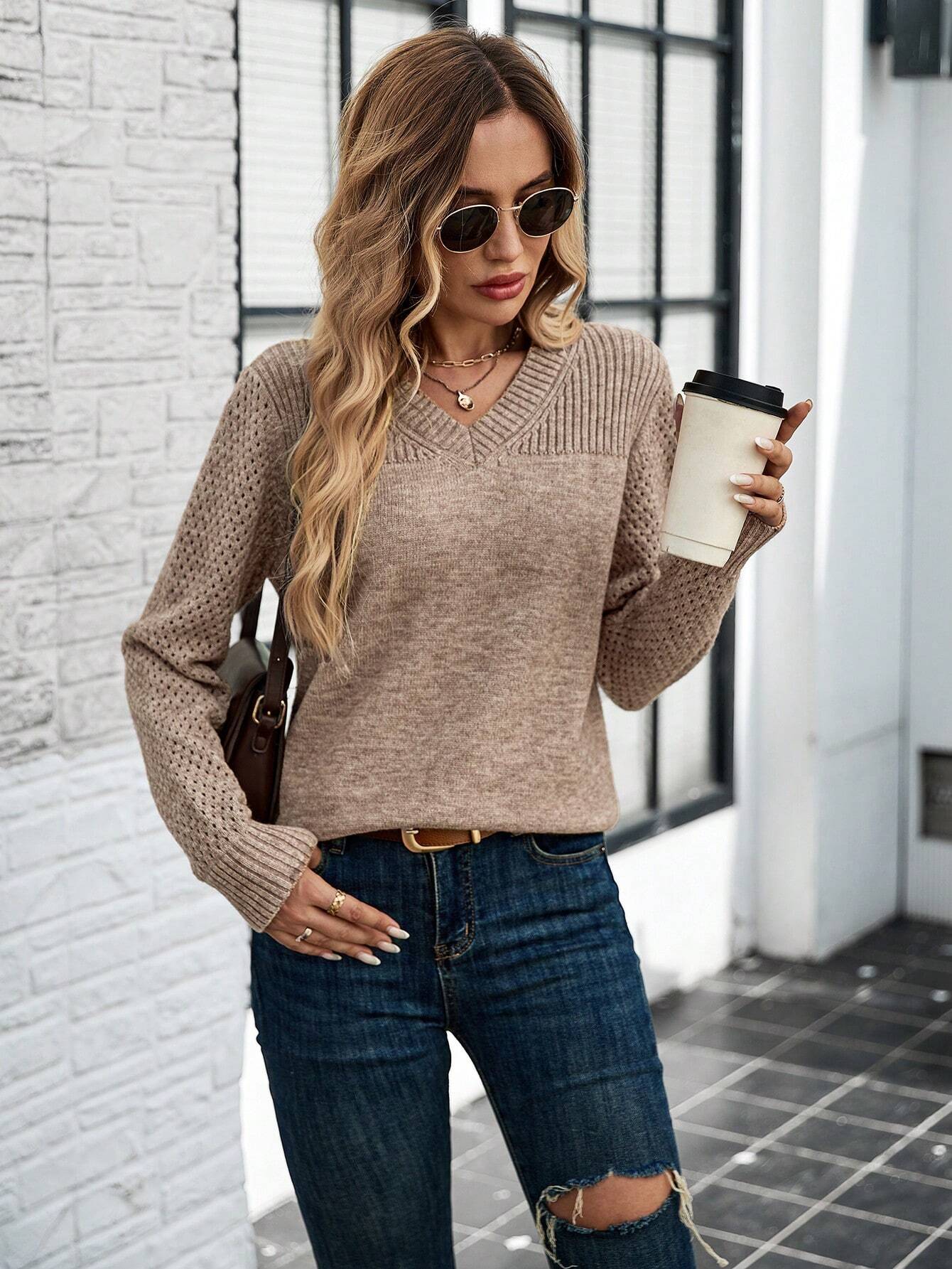SHEIN LUNE V-Neck Hollow Sleeve Warm Pullover Sweater
