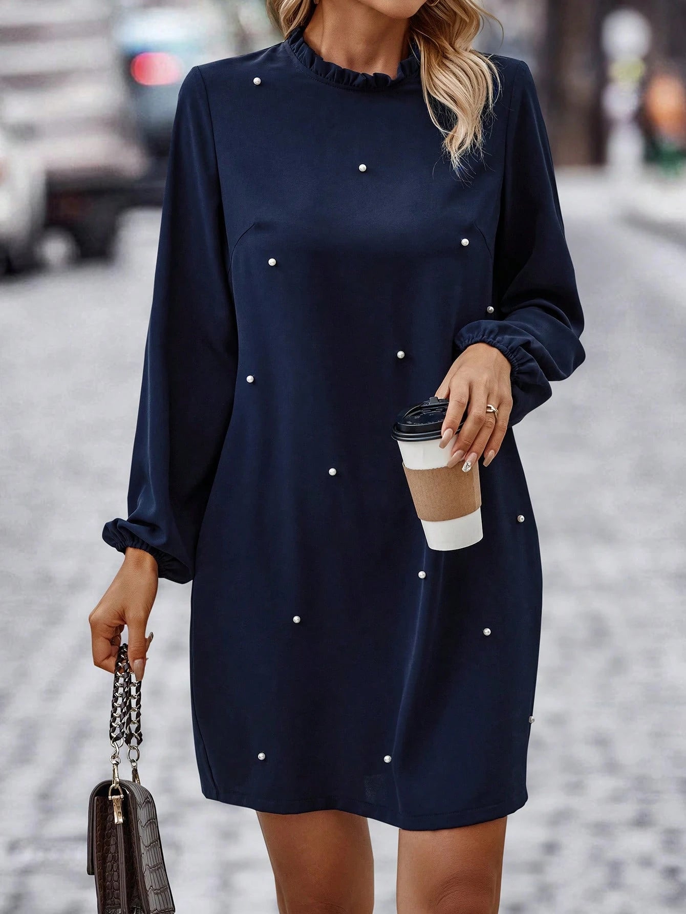 SHEIN LUNE PEARL-EMBELLISHED LANTERN SLEEVE DRESS