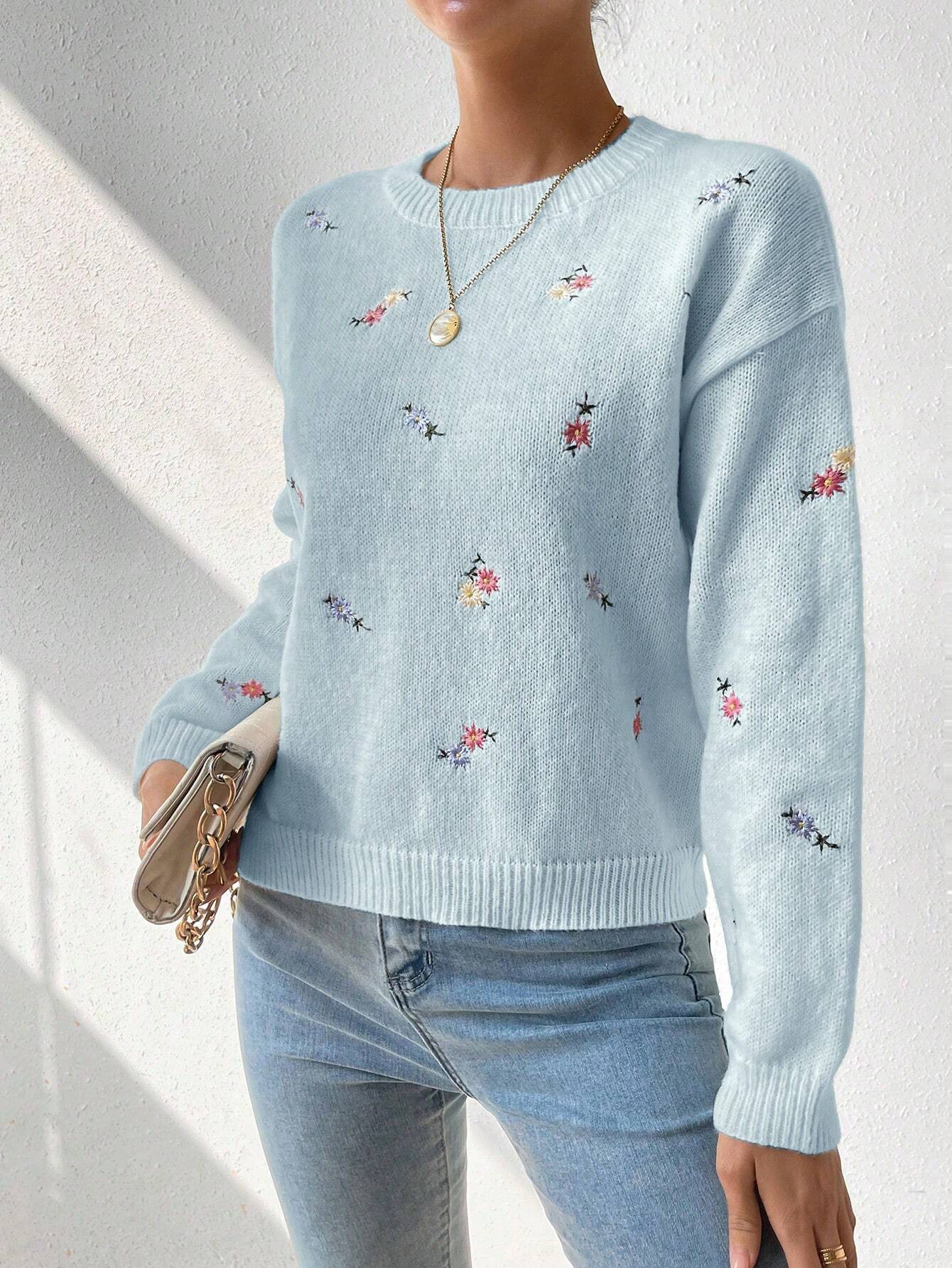 SHEIN LUNE Floral Embroidered Knit Sweater