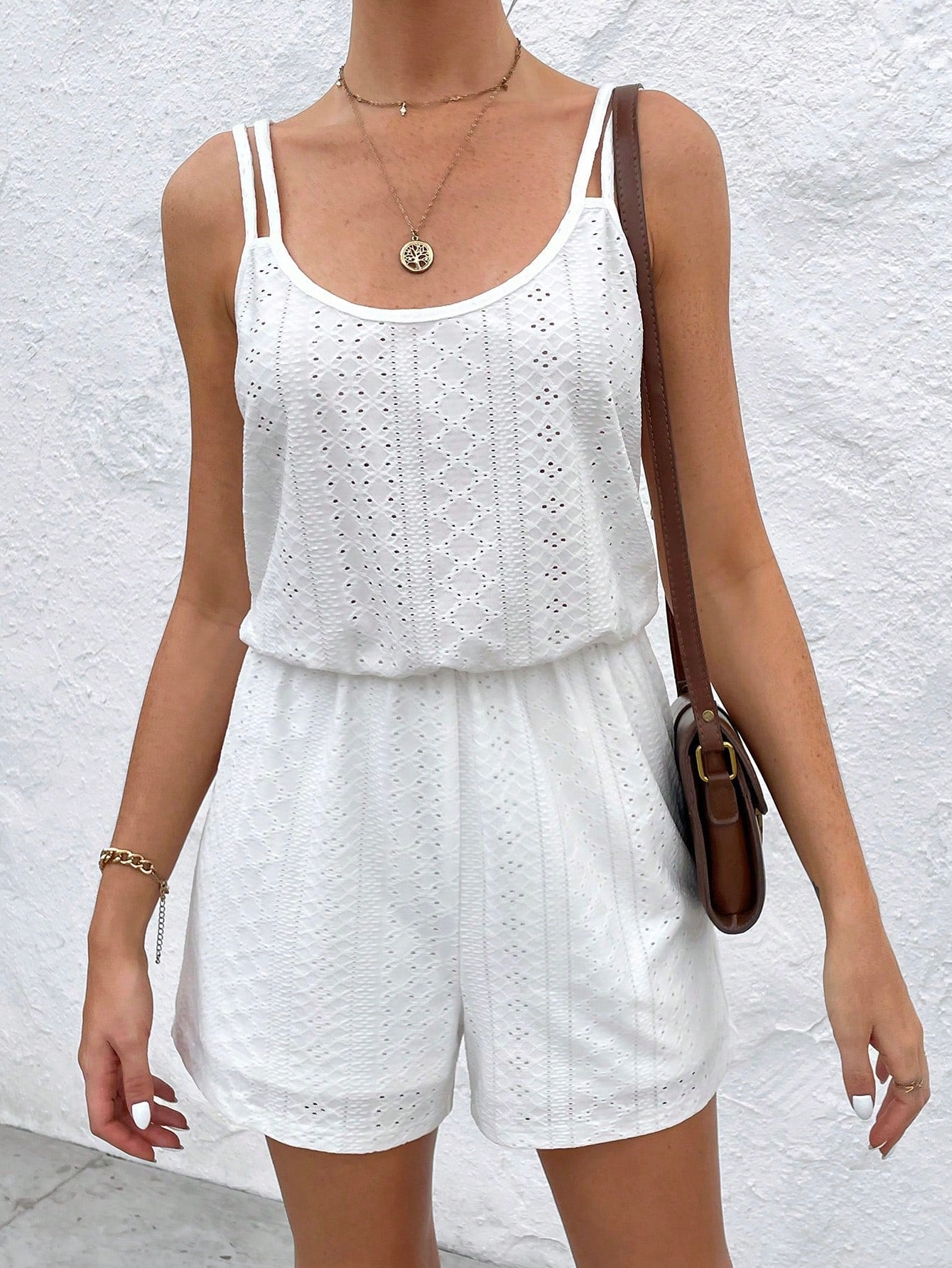 SHEIN Solid Eyelet Embroidery Romper