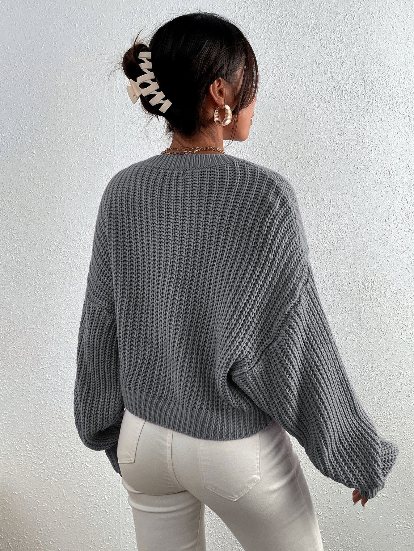 SHEIN Chiquease Ribbed Knit Drop Shoulder Sweater