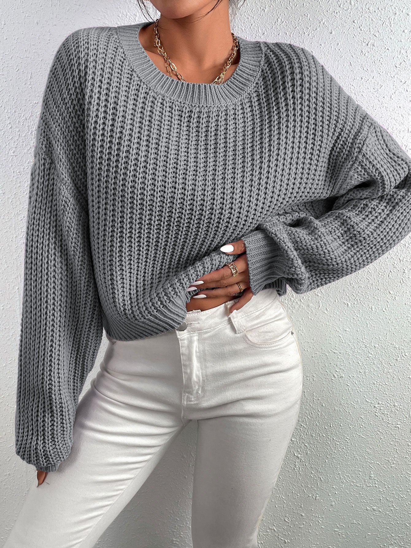 SHEIN Chiquease Ribbed Knit Drop Shoulder Sweater