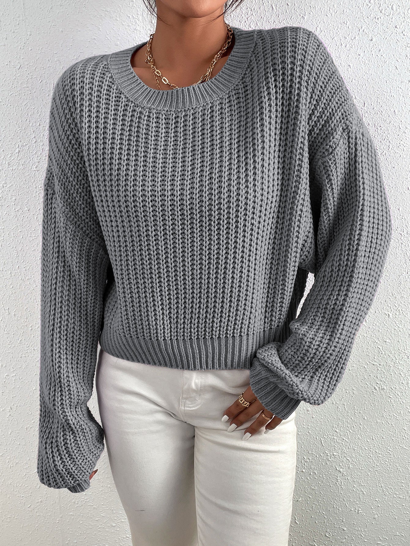 SHEIN Chiquease Ribbed Knit Drop Shoulder Sweater