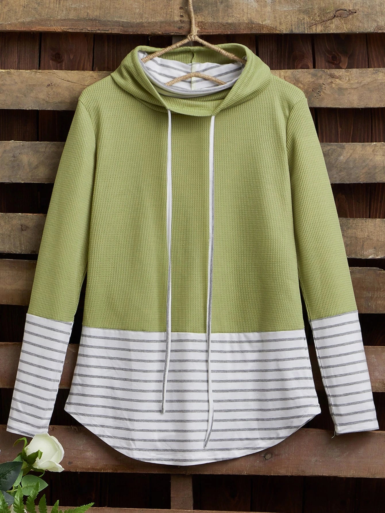 Striped Curved Hem Cowl Neck Sweatshirt