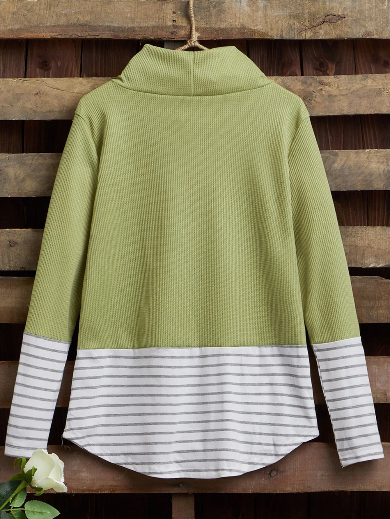 Striped Curved Hem Cowl Neck Sweatshirt