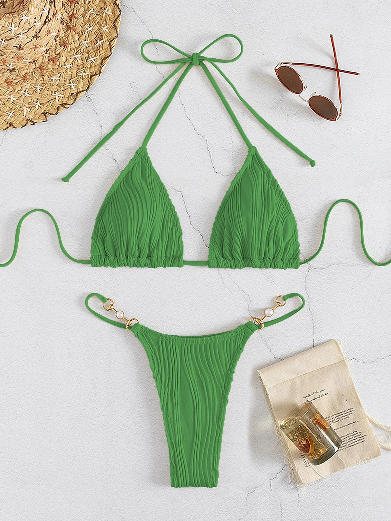 SHEIN VCAY Pearl Detail Triangle Bikini Set