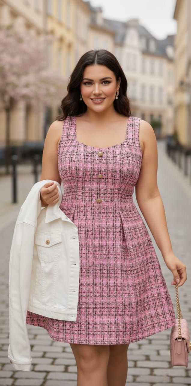 Flirla Plus Size Plaid Button Dress