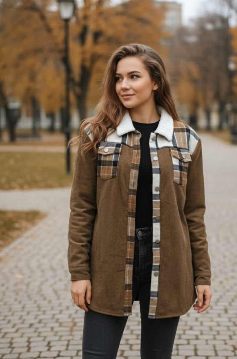 ChicMe Colorblock Plaid Print Corduroy Lined Shacket