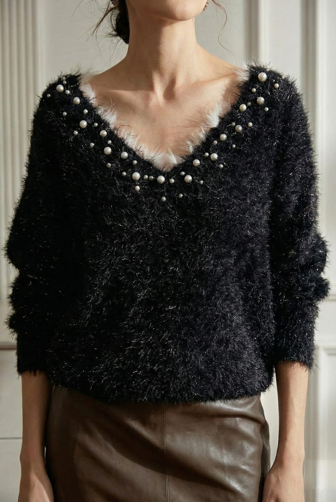 SHEIN Luxe Pearl-Trim Fuzzy V-Neck Sweater