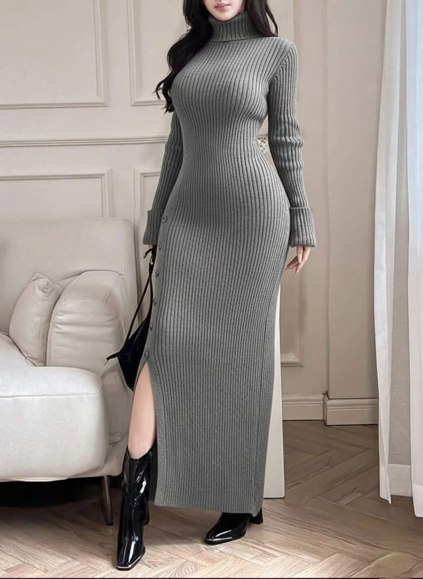 Modelyn Elegant High Neck Fitted Knit Sweater Dress