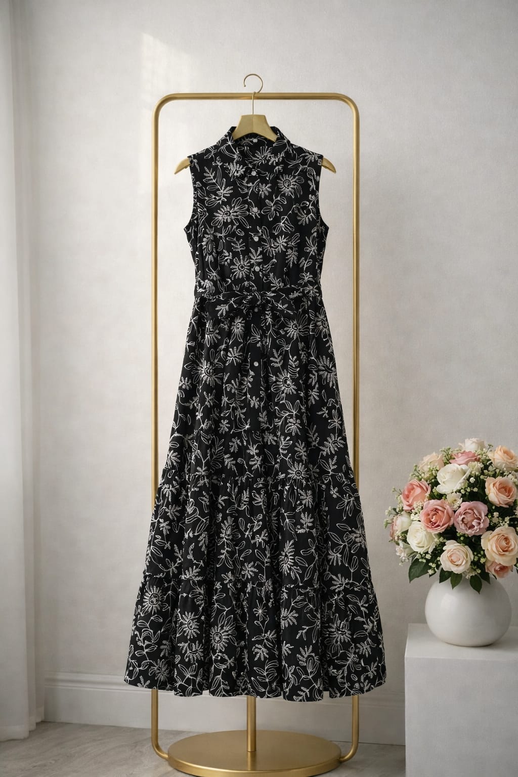 Elegant Embroidered Linen Maxi Dress