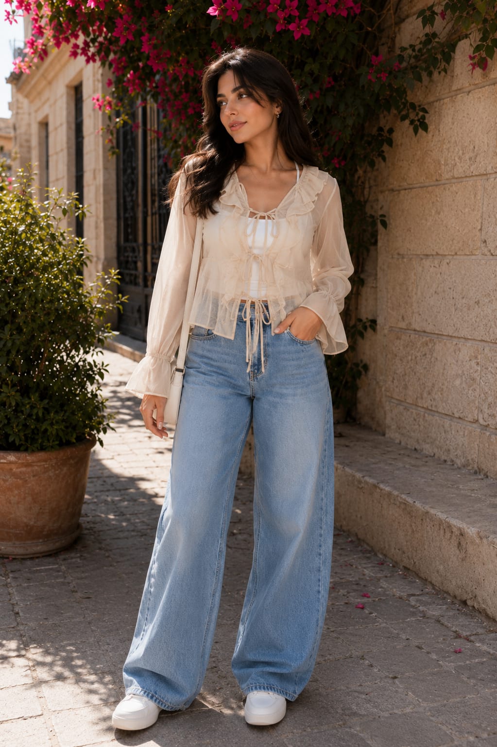 THE SHEER RUFFLE TIE BLOUSE (Beige)