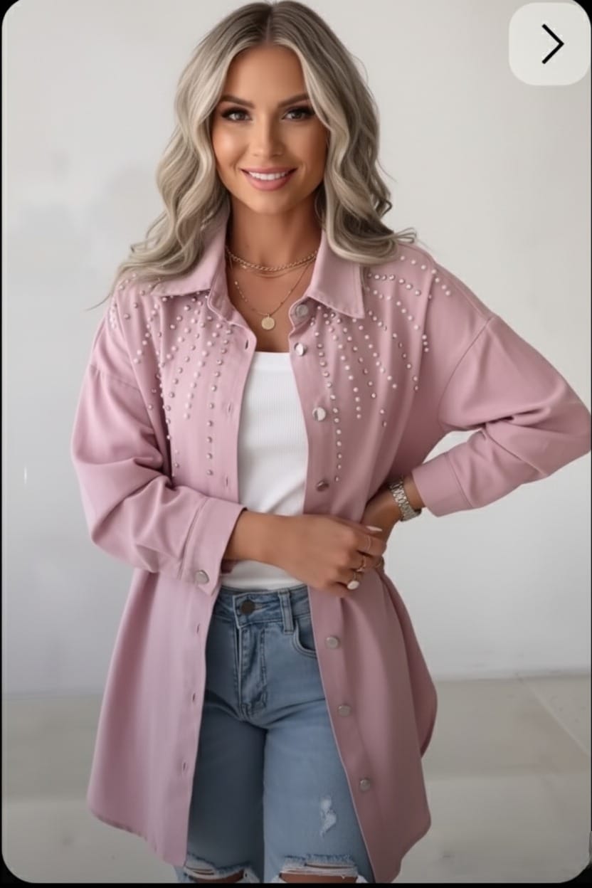 CHICME Pearl Embellished Long Pink Jacket