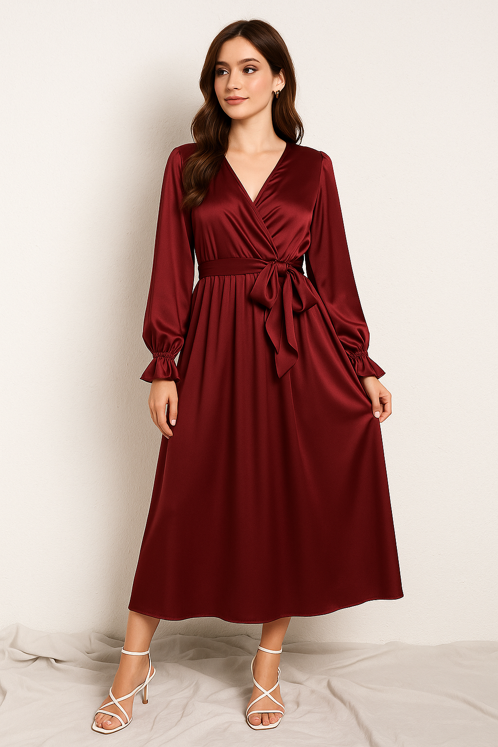 SHEIN Privé Surplice Neck Flounce Sleeve Belted Dress - ZEBrand