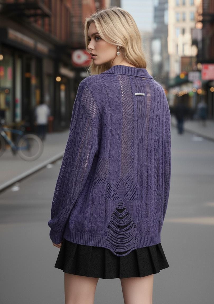 SHEIN X Poppy Cable Knit Cardigan – Purple Edition