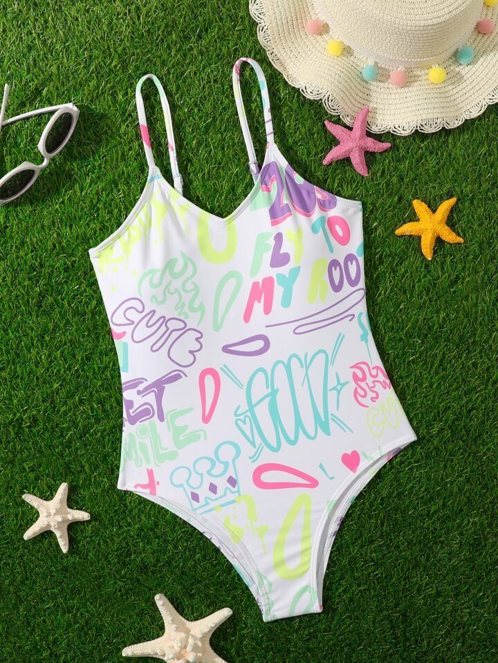 SHEIN PREMIUM Women's Crown & Letter Graphic One Piece Swimsuit White