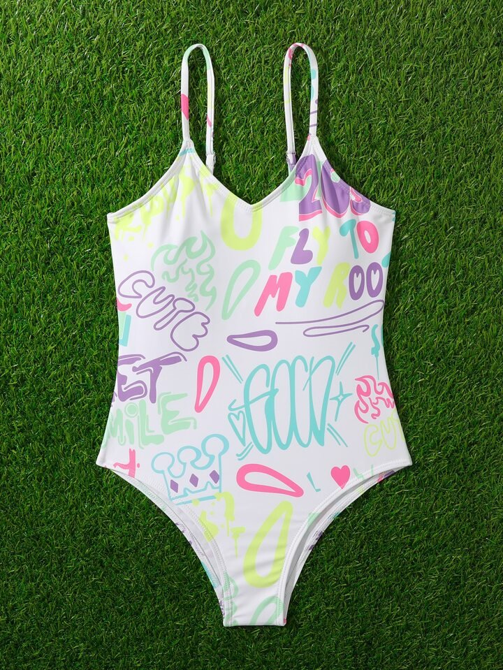 SHEIN PREMIUM Women's Crown & Letter Graphic One Piece Swimsuit White