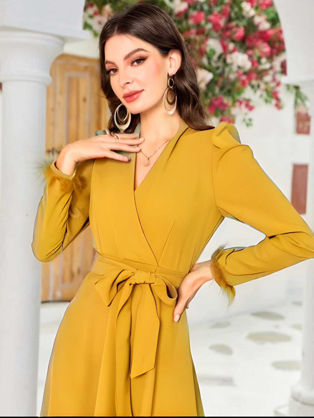 Dress SHEIN Modely Solid Color Belted Pleated - ZEBrand