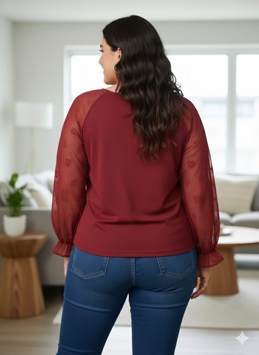 Plus Size Wine Shimmer Sleeve Blouse
