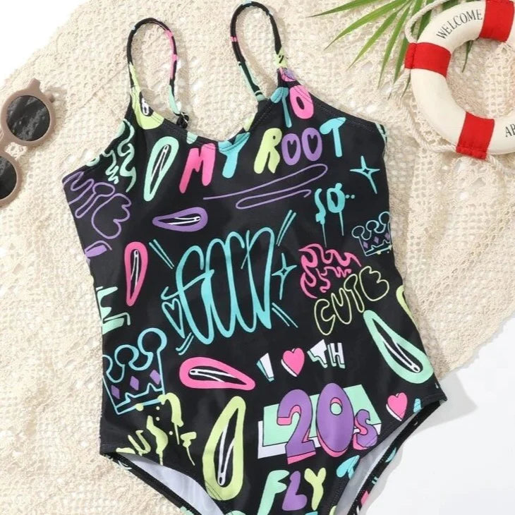 SHEIN PREMIUM Women's Printed Letter Graphic Crisscross Back One Piece Swimsuit