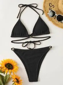 SHEIN Swim Solid Ribbed Ring Linked Halter Bikini