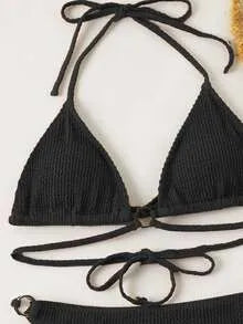 SHEIN Swim Solid Ribbed Ring Linked Halter Bikini