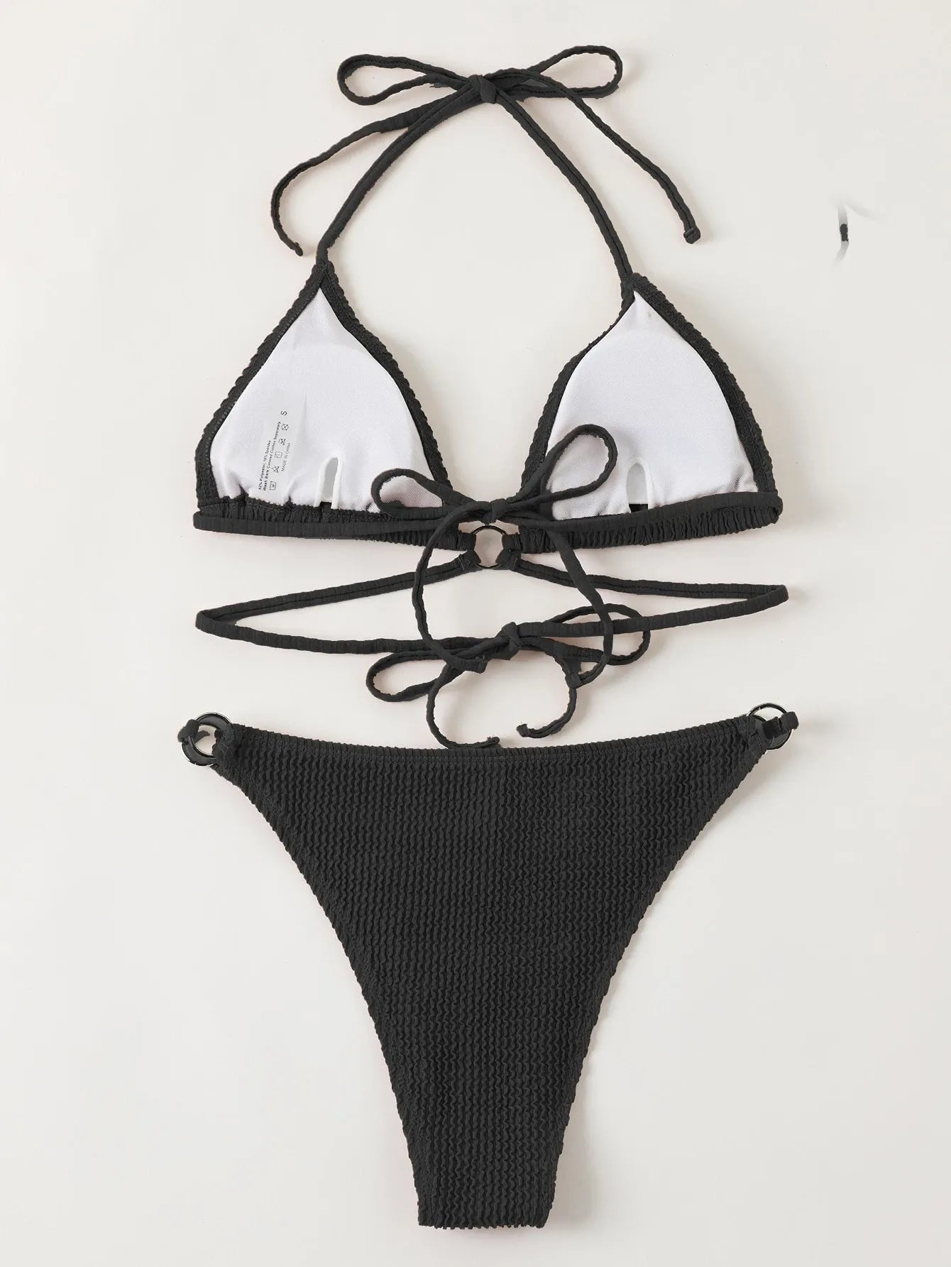 SHEIN Swim Solid Ribbed Ring Linked Halter Bikini