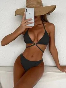 SHEIN Swim Solid Ribbed Ring Linked Halter Bikini