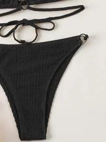 SHEIN Swim Solid Ribbed Ring Linked Halter Bikini