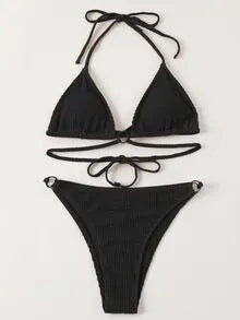 SHEIN Swim Solid Ribbed Ring Linked Halter Bikini