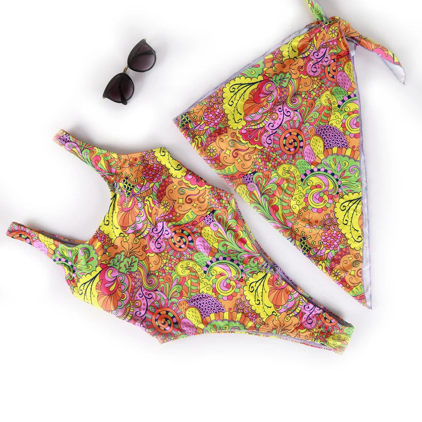 SHEIN PREMIUM Women's Multicolor Tow Piece Swimwear With Scarf