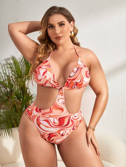SHEIN PREMIUM Women's Orange Swimwear Bikini One Piece