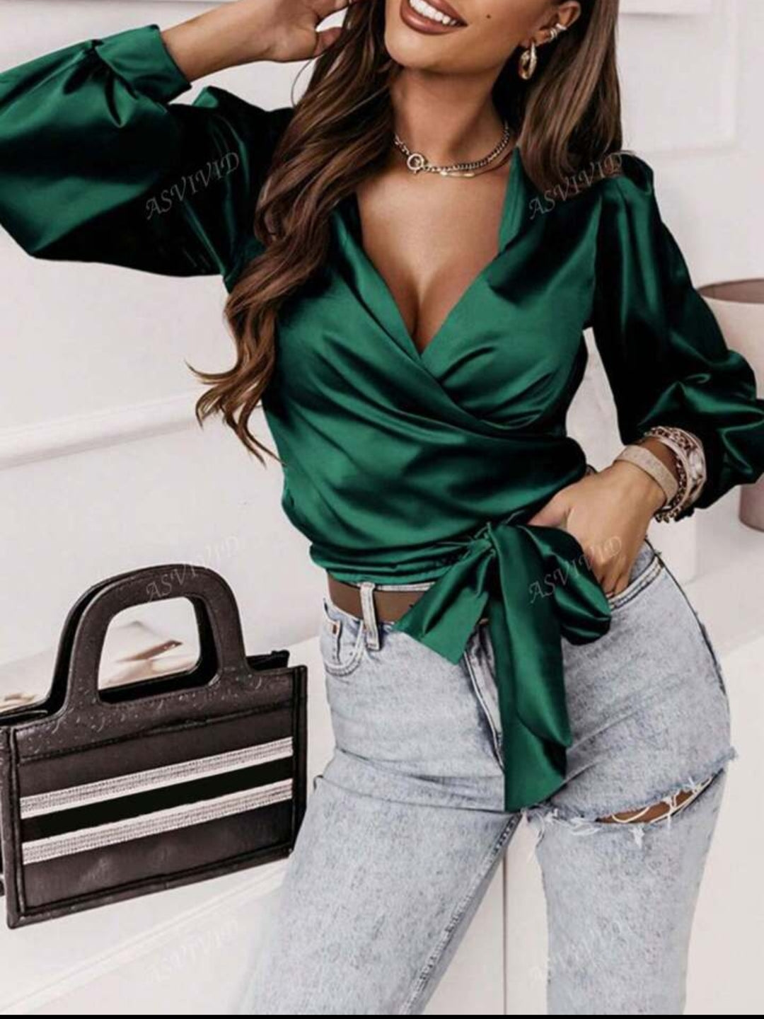 Exquisite Ruched Overlap Satin Top with Elegant Tie Detailing