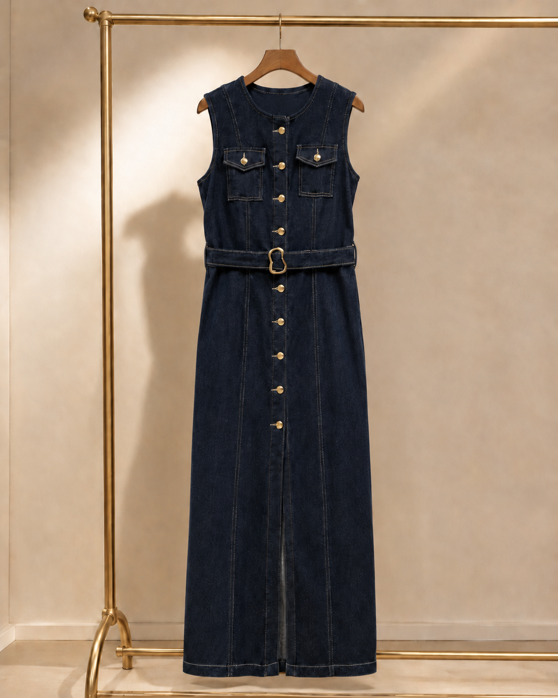 THE INDIGO BELTED DENIM MAXI DRESS