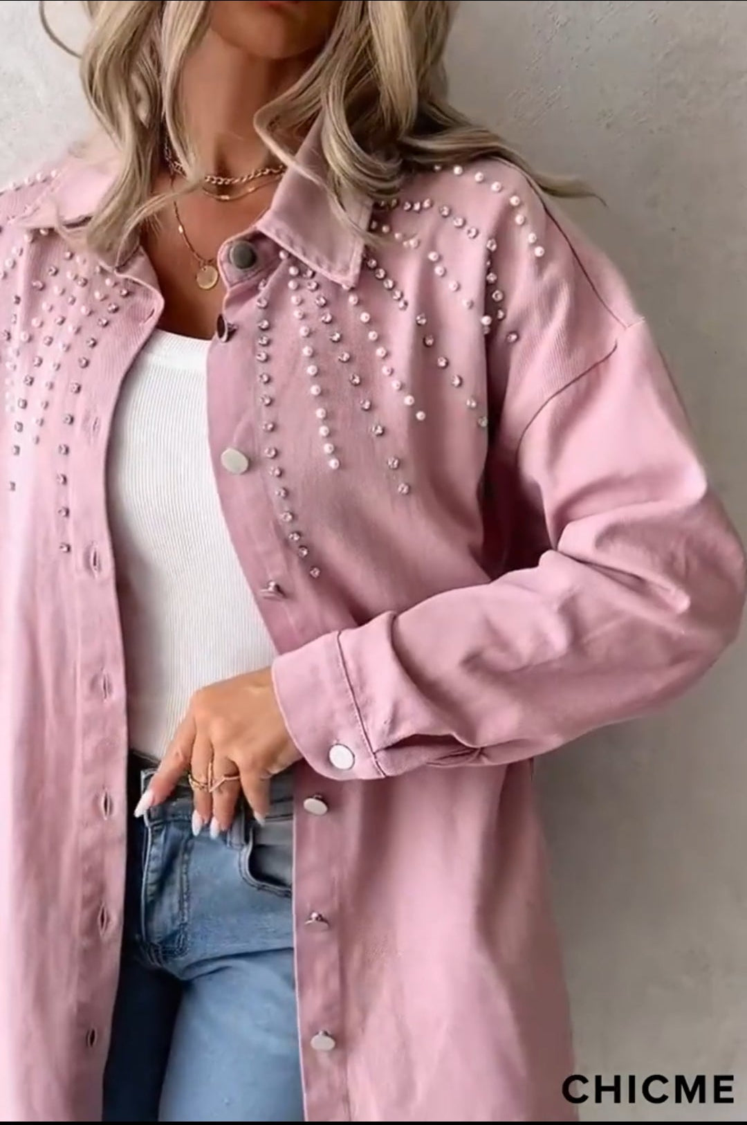 CHICME Pearl Embellished Long Pink Jacket
