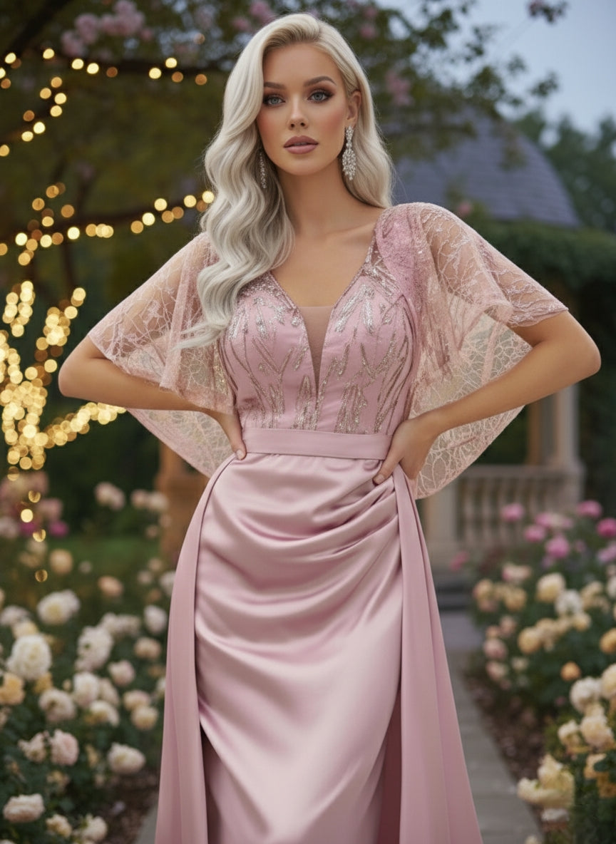Contrast Lace V-neck Floor Length Formal Bridesmaid Dress