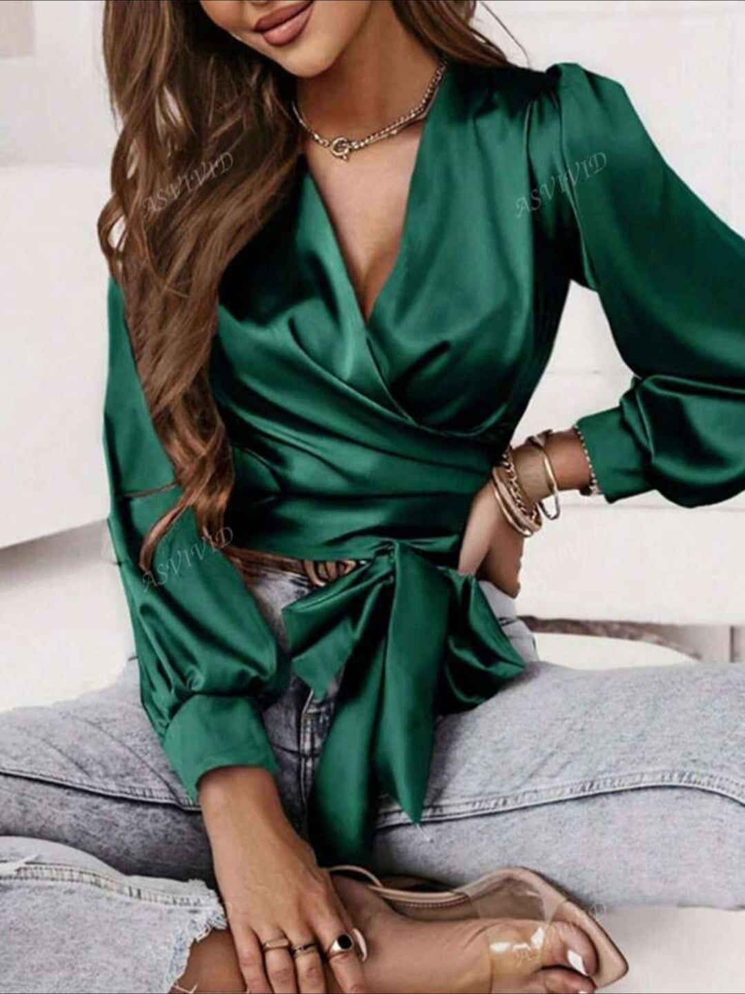 Exquisite Ruched Overlap Satin Top with Elegant Tie Detailing
