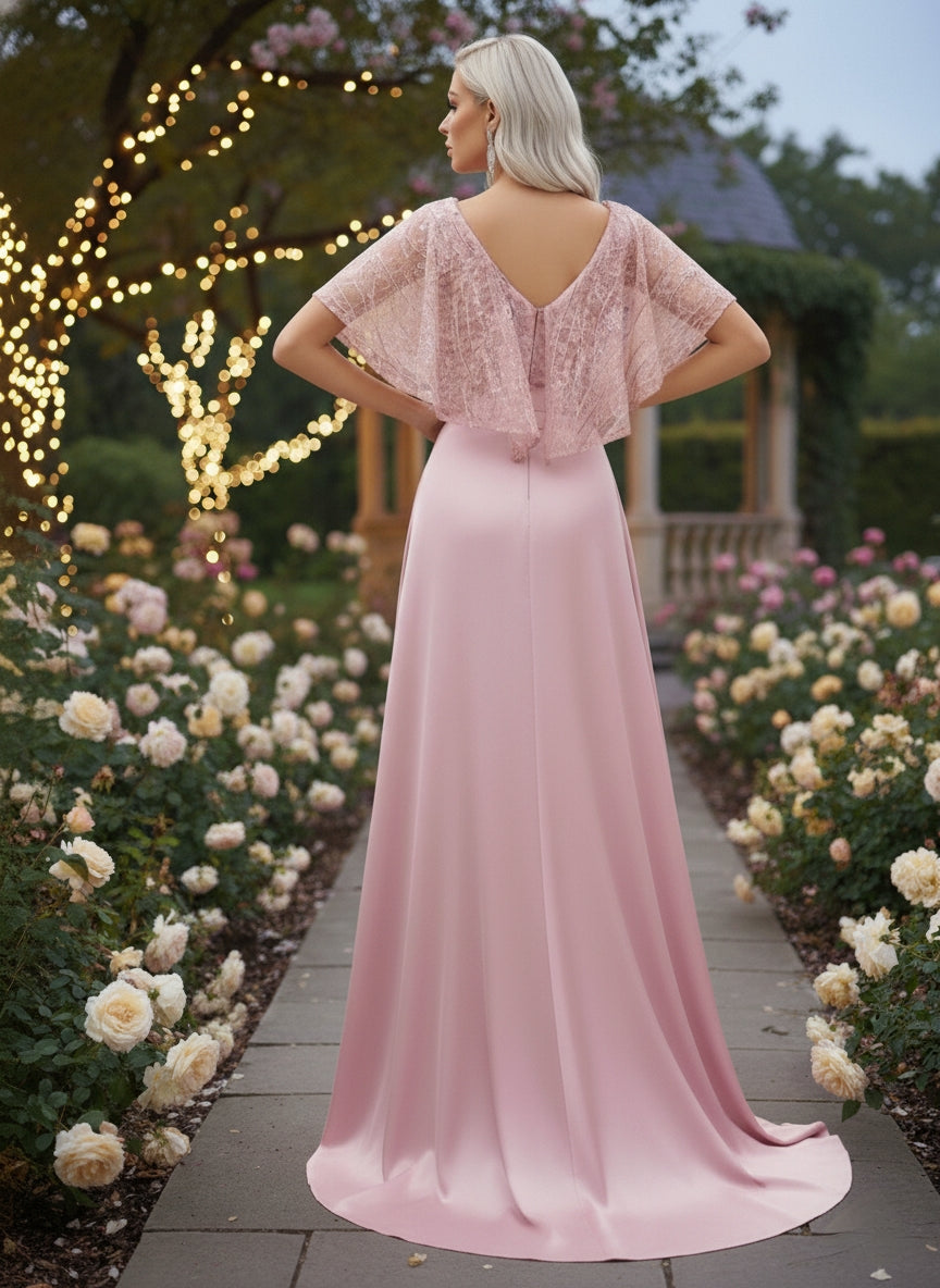 Contrast Lace V-neck Floor Length Formal Bridesmaid Dress